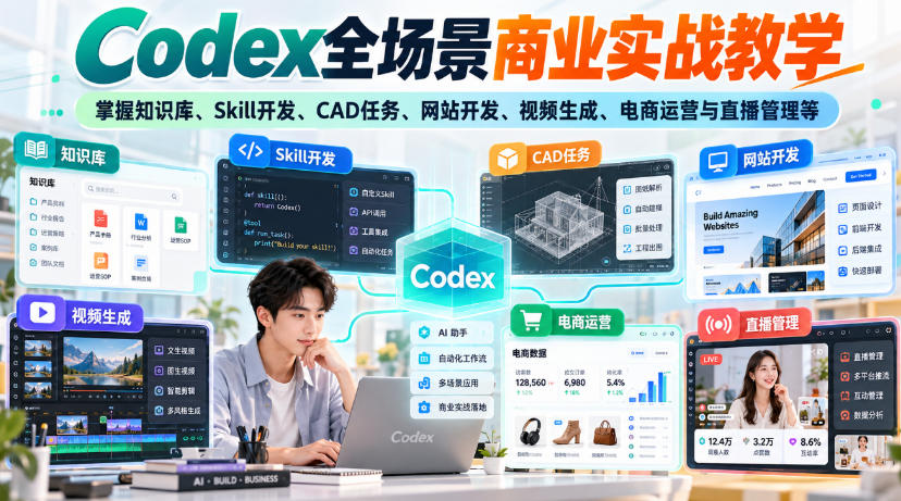 Codex全场景商业实战教学，掌握知识库、Skill开发、CAD任务、网站开发、视频生成、电商运营与直播管理等(更新1010)-桀创项目掘金社