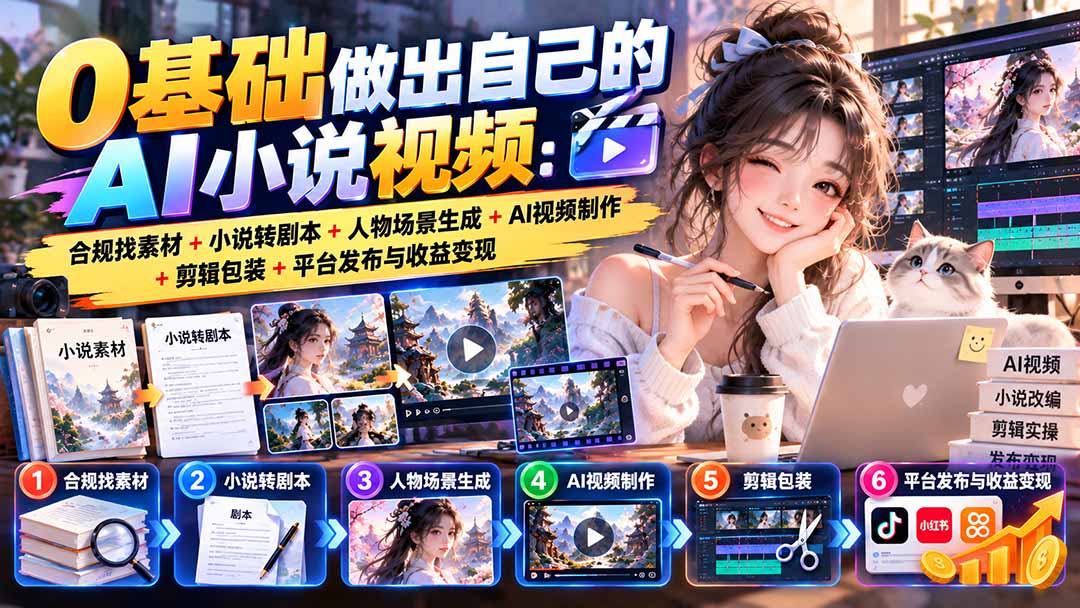 0基础做出自己的AI小说视频：合规找素材+小说转剧本+人物场景生成+AI视频制作+剪辑包装+平台发布与收益变现-桀创项目掘金社
