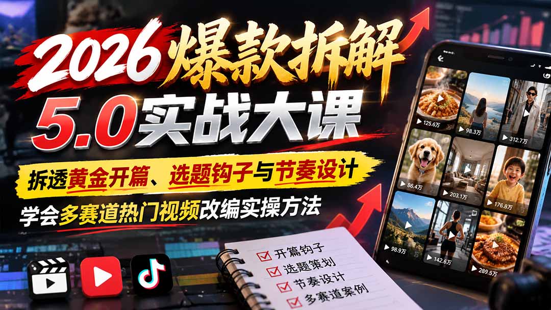 2026爆款拆解5.0实战大课：拆透黄金开篇、选题钩子与节奏设计，学会多赛道热门视频改编实操方法-桀创项目掘金社