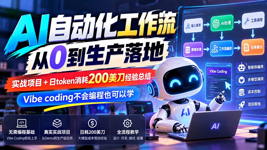 【无水印】AI自动化工作流从0到生产落地，实战项目+日token消耗200美刀经验总结，Vibe coding不会编程也可以学-桀创项目掘金社