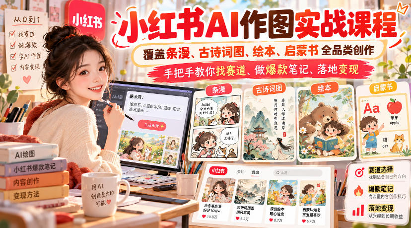 小红书AI作图实战课程，覆盖条漫、古诗词图、绘本、启蒙书全品类创作，手把手教你找赛道、做爆款笔记、落地变现(更新1017)-桀创项目掘金社