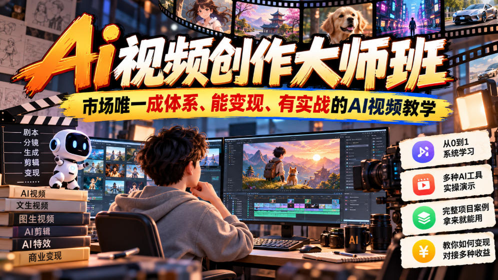 Ai视频创作大师班，市场唯一成体系、能变现、有实战的AI视频教学(更新2026)-桀创项目掘金社