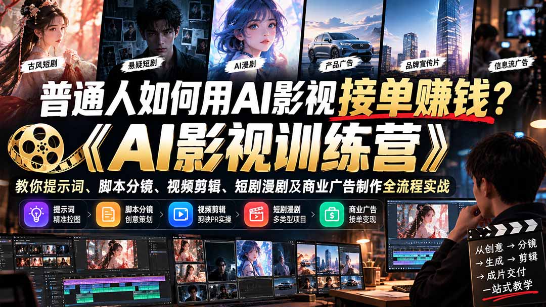 普通人如何用AI影视接单赚钱？《AI影视训练营》教你提示词、脚本分镜、视频剪辑、短剧漫剧及商业广告制作全流程实战-桀创项目掘金社