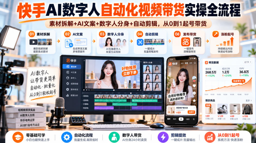 快手AI数字人自动化视频带货实操全流程｜素材拆解+AI文案+数字人分身+自动剪辑，从0到1起号带货(更新26年)-桀创项目掘金社