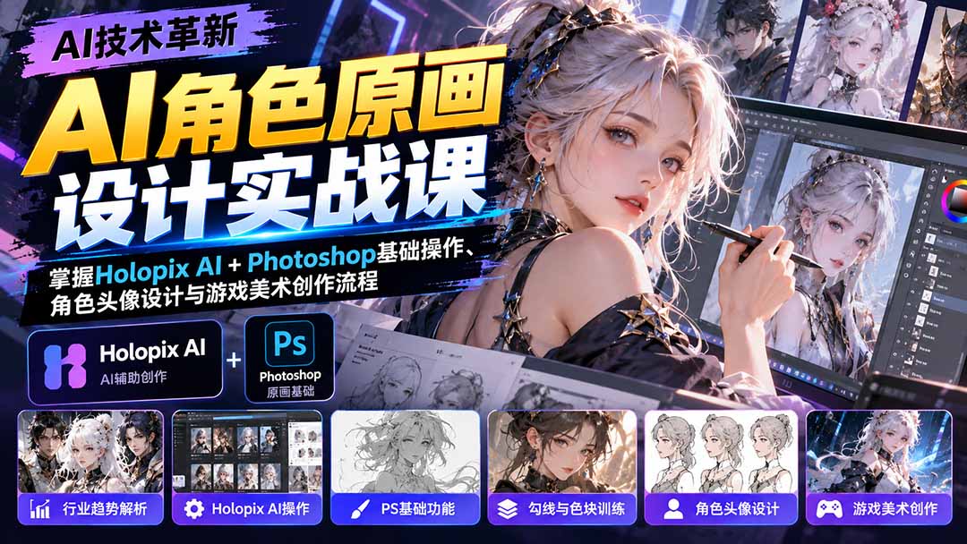 AI角色原画设计实战课：掌握Holopix AI+Photoshop基础操作、角色头像设计与游戏美术创作流程-桀创项目掘金社