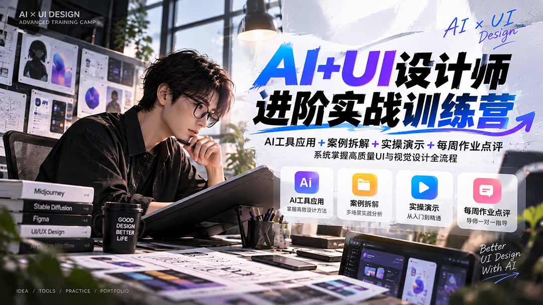 【无水印】AI+UI设计师进阶训练营-第4期：AI工具应用+案例拆解+实操演示+作业点评，掌握高质量UI与视觉设计全流程-桀创项目掘金社
