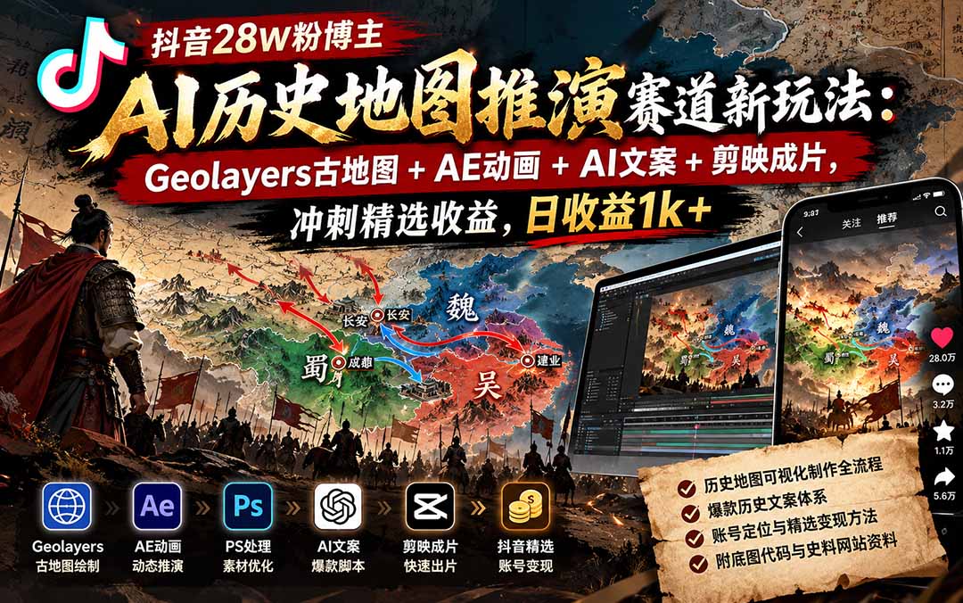抖音28W粉博主AI历史地图推演赛道新玩法：Geolayers古地图+AE动画+AI文案+剪映成片，冲刺精选收益，日收益1k+-桀创项目掘金社