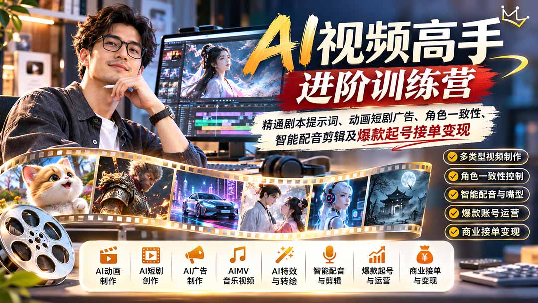 AI视频高手进阶训练营：精通剧本提示词、动画短剧广告、角色一致性、智能配音剪辑及爆款起号接单变现-桀创项目掘金社