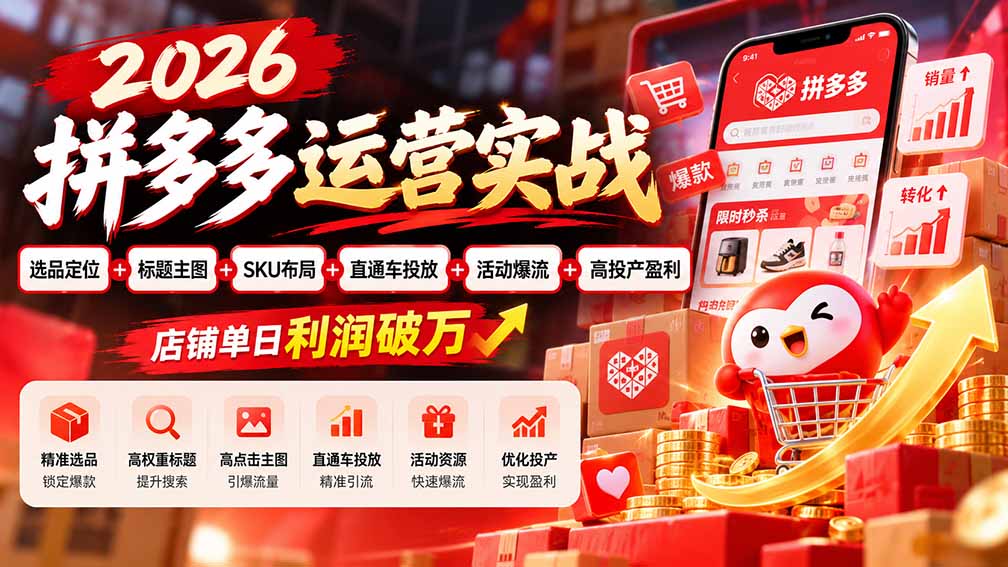 2026拼多多运营实战-更新1002：选品定位+标题主图+SKU布局+直通车投放+活动爆流+高投产盈利 店铺单日利润破万-桀创项目掘金社