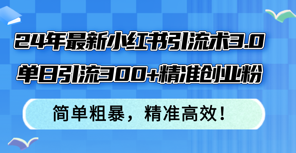 24年最新小红书引流术3.0，单日引流300+精准创业粉，简单粗暴，精准高效！-桀创项目掘金社