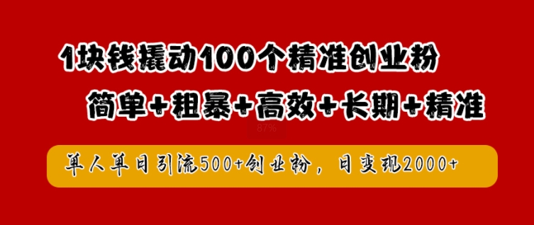 1块钱撬动100个精准创业粉，简单粗暴高效长期精准，单人单日引流500+创业粉，日变现2k【揭秘】-桀创项目掘金社