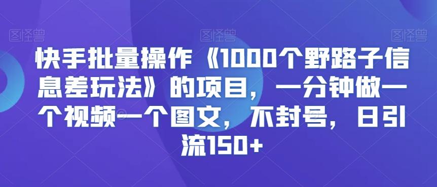 快手批量操作《1000个野路子信息差玩法》的项目，一分钟做一个视频一个图文，不封号，日引流150+【揭秘】-桀创项目掘金社