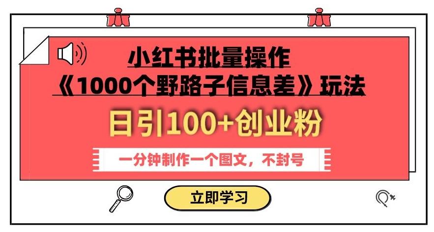 小红书批量操作《1000个野路子信息差》玩法，一分钟制作一个图文，不封号，日引100+创业粉-桀创项目掘金社