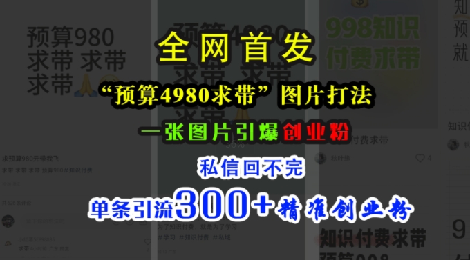 小红书“预算4980带我飞”图片打法，一张图片引爆创业粉，私信回不完，单条引流300+精准创业粉-桀创项目掘金社