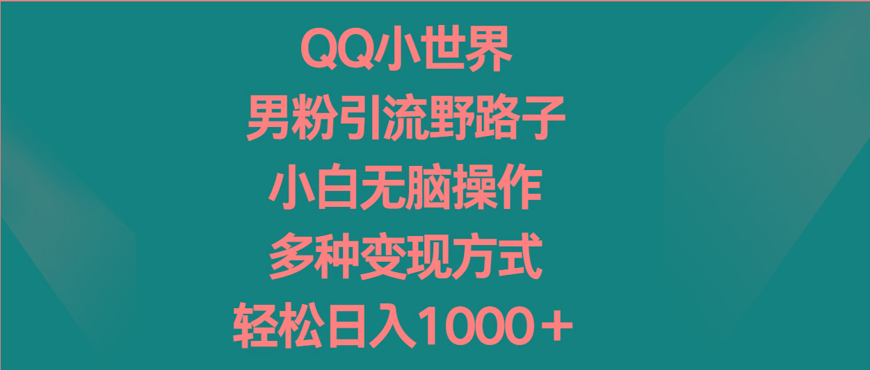 QQ小世界男粉引流野路子，小白无脑操作，多种变现方式轻松日入1000＋-桀创项目掘金社