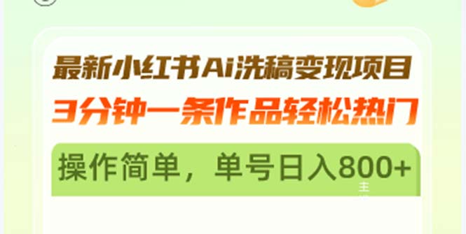最新小红书Ai洗稿变现项目 3分钟一条作品轻松热门 操作简单，单号日入800+-桀创项目掘金社