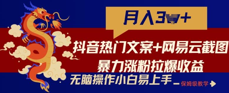 抖音热门文案+网易云截图暴力涨粉拉爆收益玩法，小白无脑操作，简单易上手【揭秘】-桀创项目掘金社