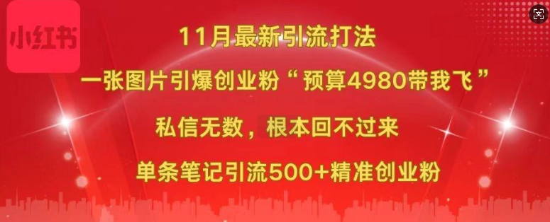 小红书11月最新图片打粉，一张图片引爆创业粉，“预算4980带我飞”，单条引流500+精准创业粉-桀创项目掘金社