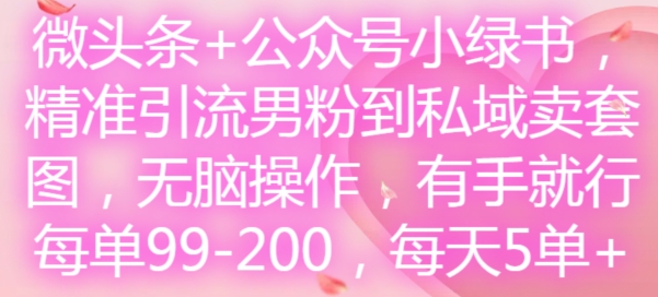 微头条+公众号小绿书，精准引流男粉到私域卖套图，无脑操作，有手就行，每单99-200，每天5单-桀创项目掘金社