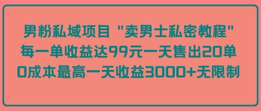 (9730期)男粉私域项目 “卖男士私密教程” 每一单收益达99元一天售出20单-桀创项目掘金社